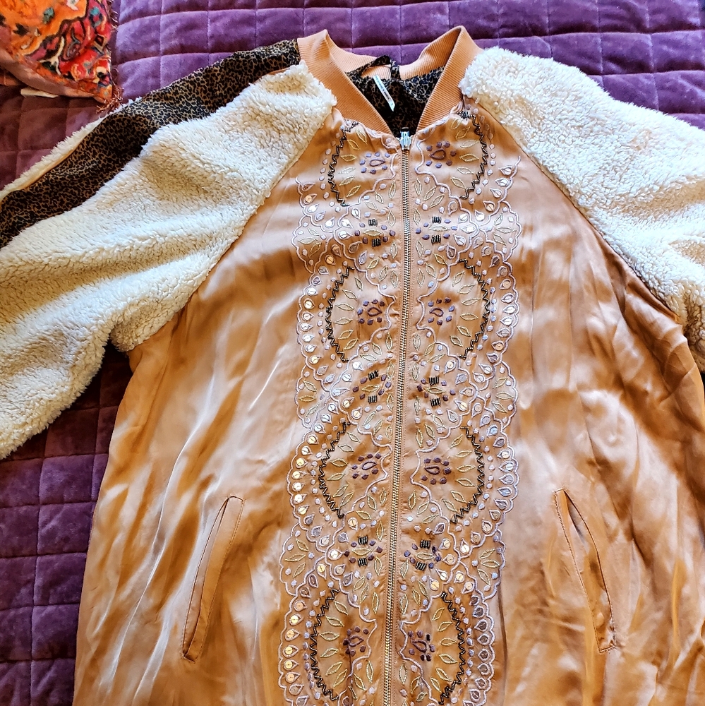Free People Leopard & Sequin Satin Wicked Games Reversible Bomber Sherpa Jacket